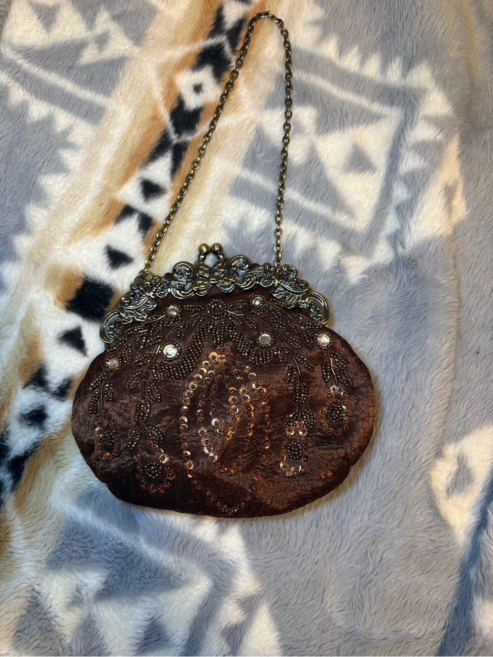 Beaded Brown Vintage-Style Evening Clutch with Ornate Metal Frame